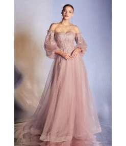 Cinderella Divine Dusty Rose Glitter Off The Shoulder Corset Prom Gown