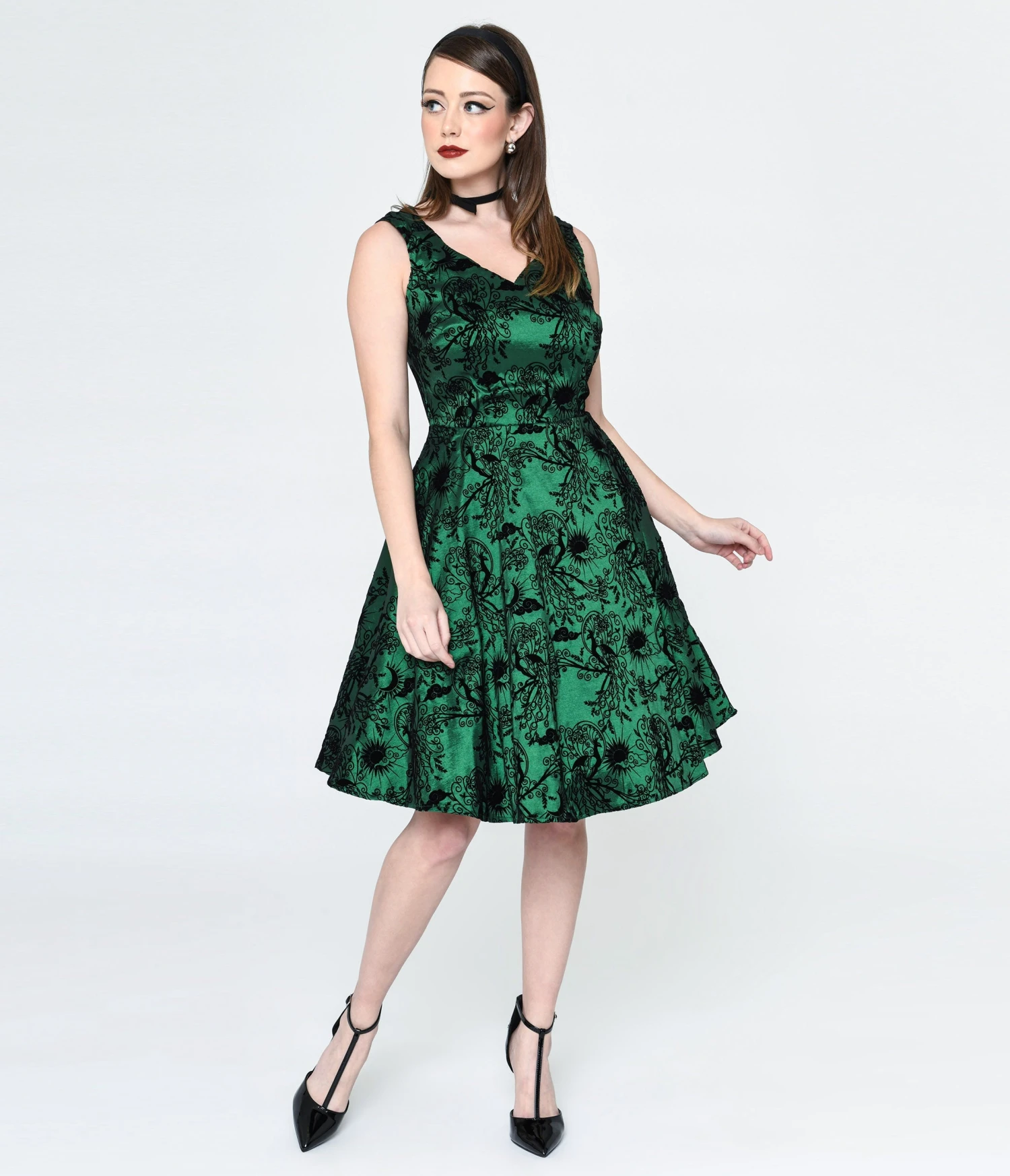 Emerald Green & Black Peacock Deco Print Eileen Flare Dress