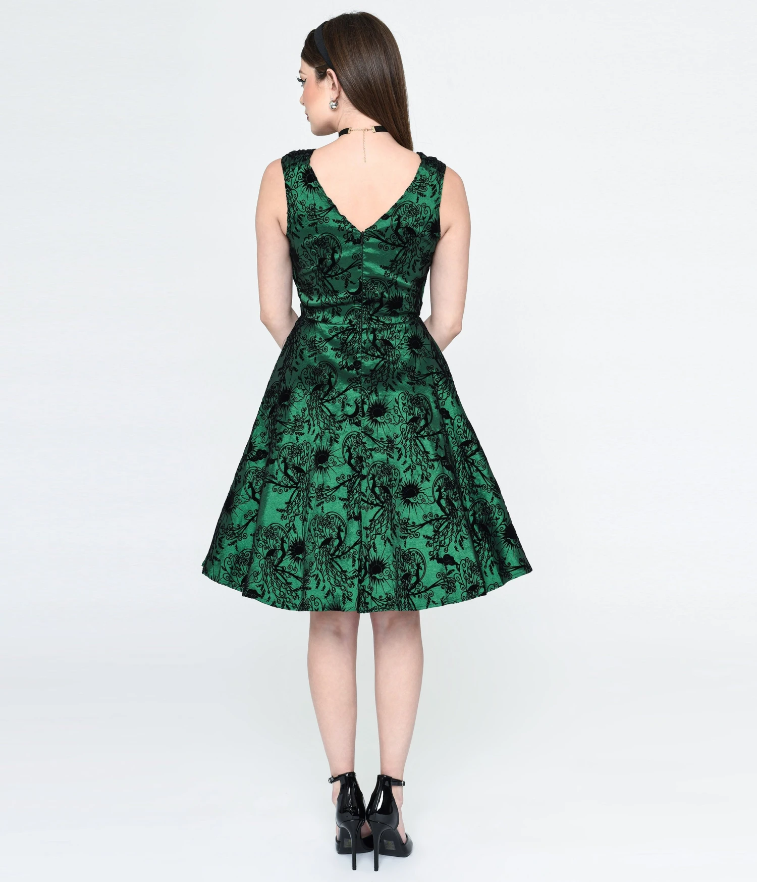 Emerald Green & Black Peacock Deco Print Eileen Flare Dress - Image 3