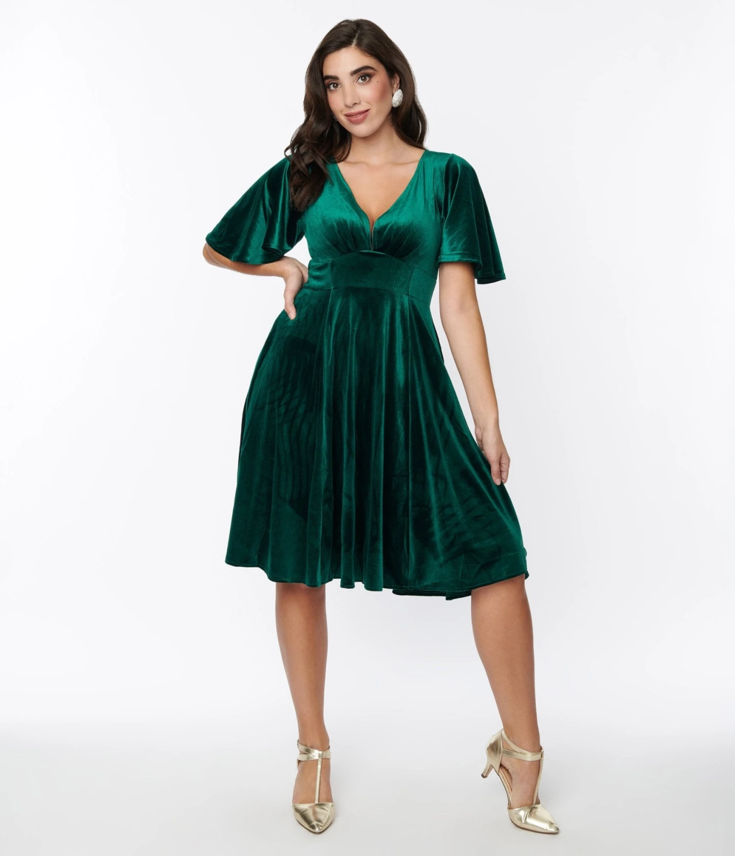 Emerald Green Velvet Flutter Sleeve Swing Dress - Image 3