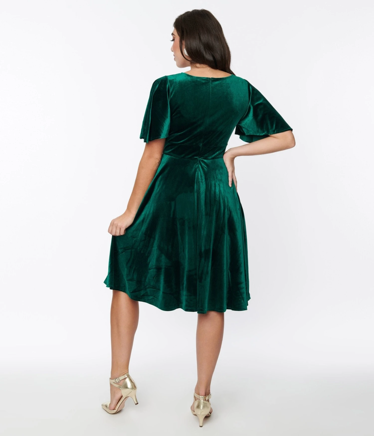 Emerald Green Velvet Flutter Sleeve Swing Dress - Image 2