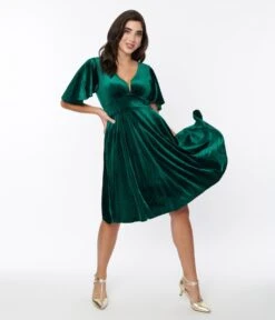 Emerald Green Velvet Flutter Sleeve Swing Dress