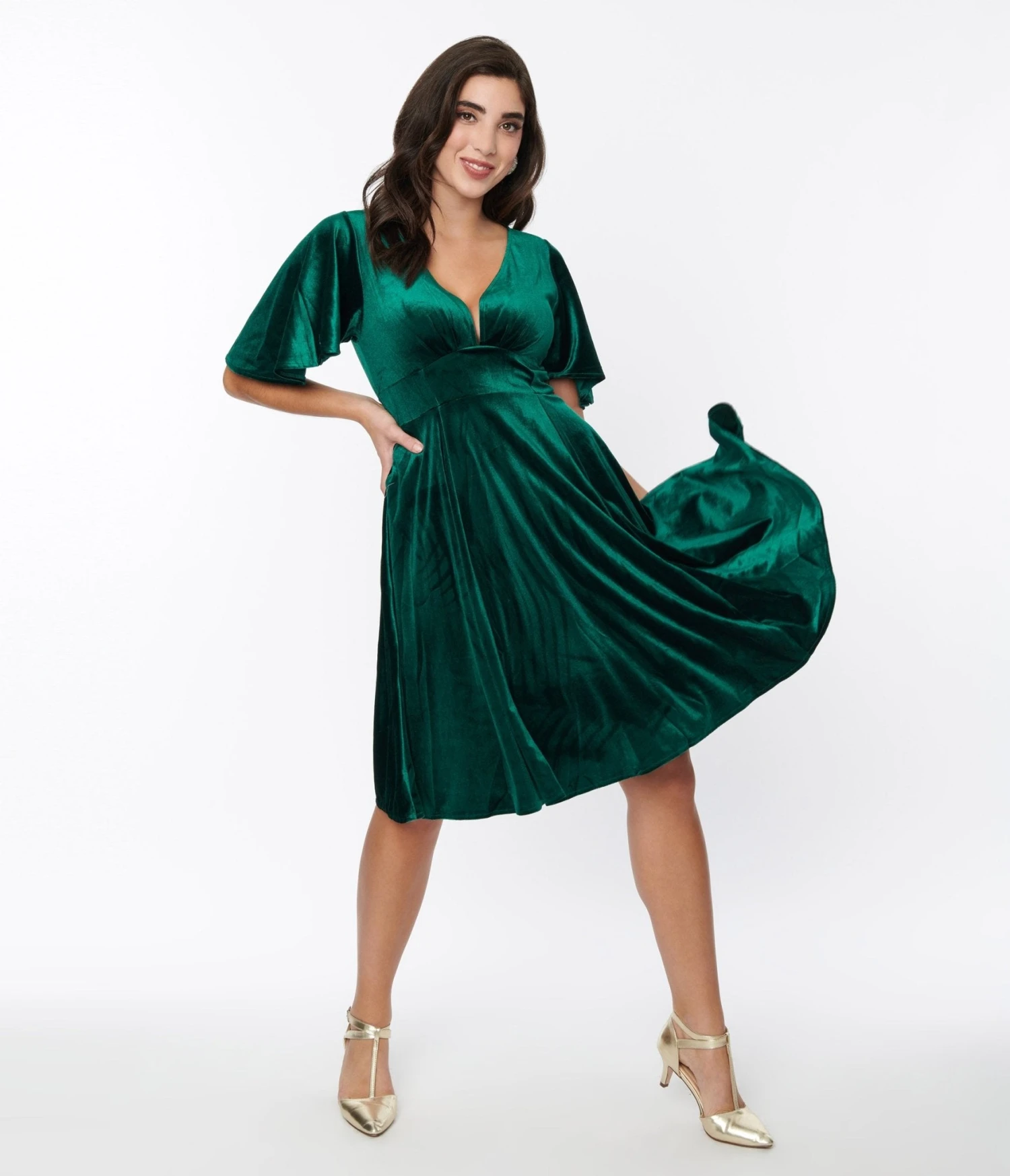 Emerald Green Velvet Flutter Sleeve Swing Dress
