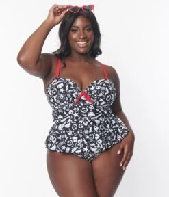 Emily The Strange X Unique Vintage Plus Size Black & White Tankini Swim Top