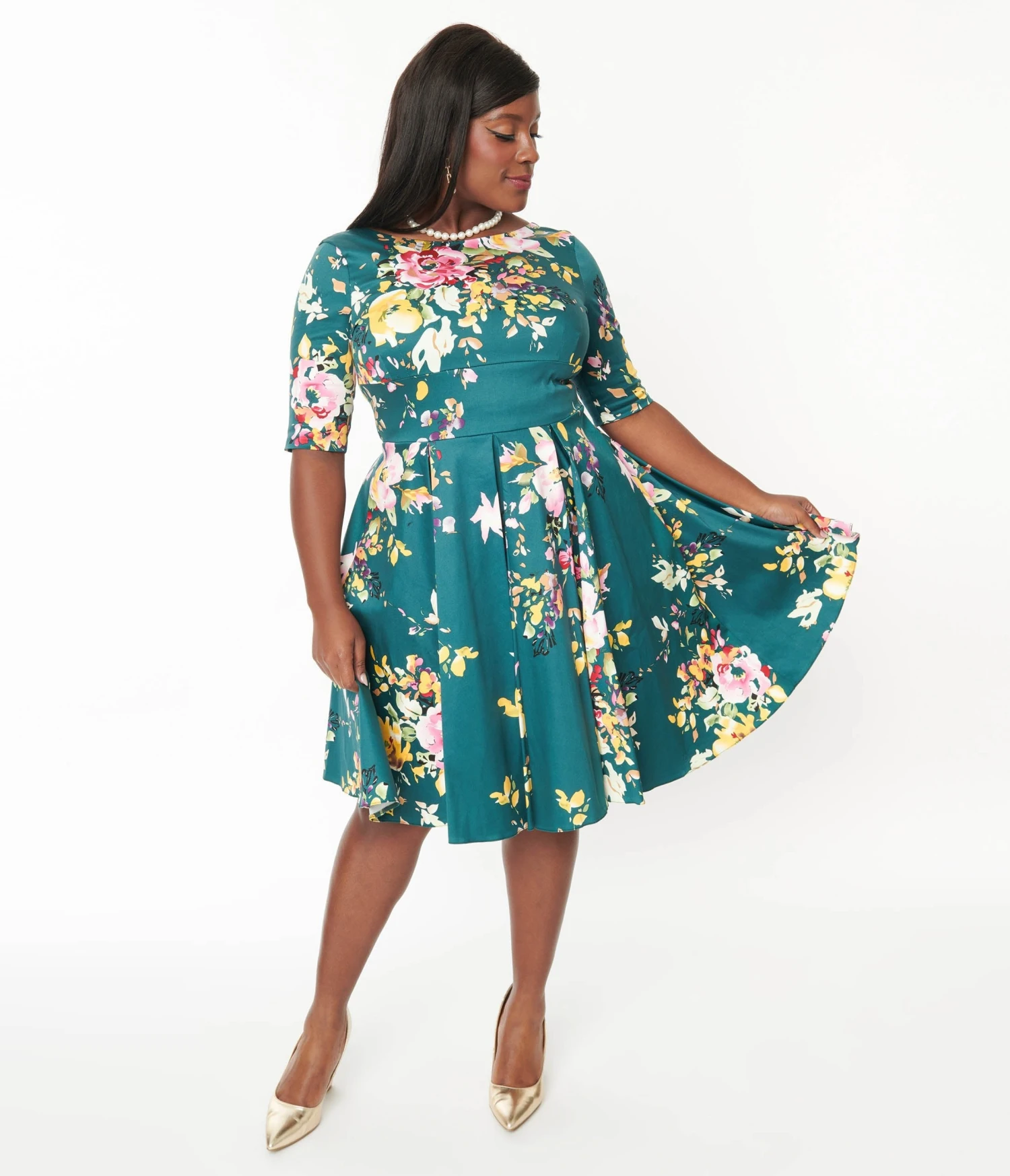 Forest Green & Pastel Floral Seville Swing Dress - Image 2