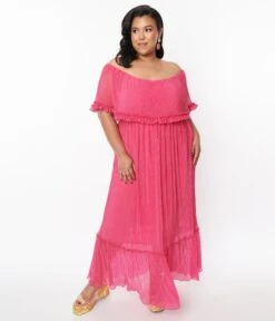Fuchsia Pleated Chiffon Maxi Dress