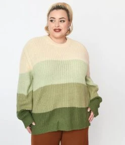 Green Dream Color Block Striped Pullover Knit Sweater