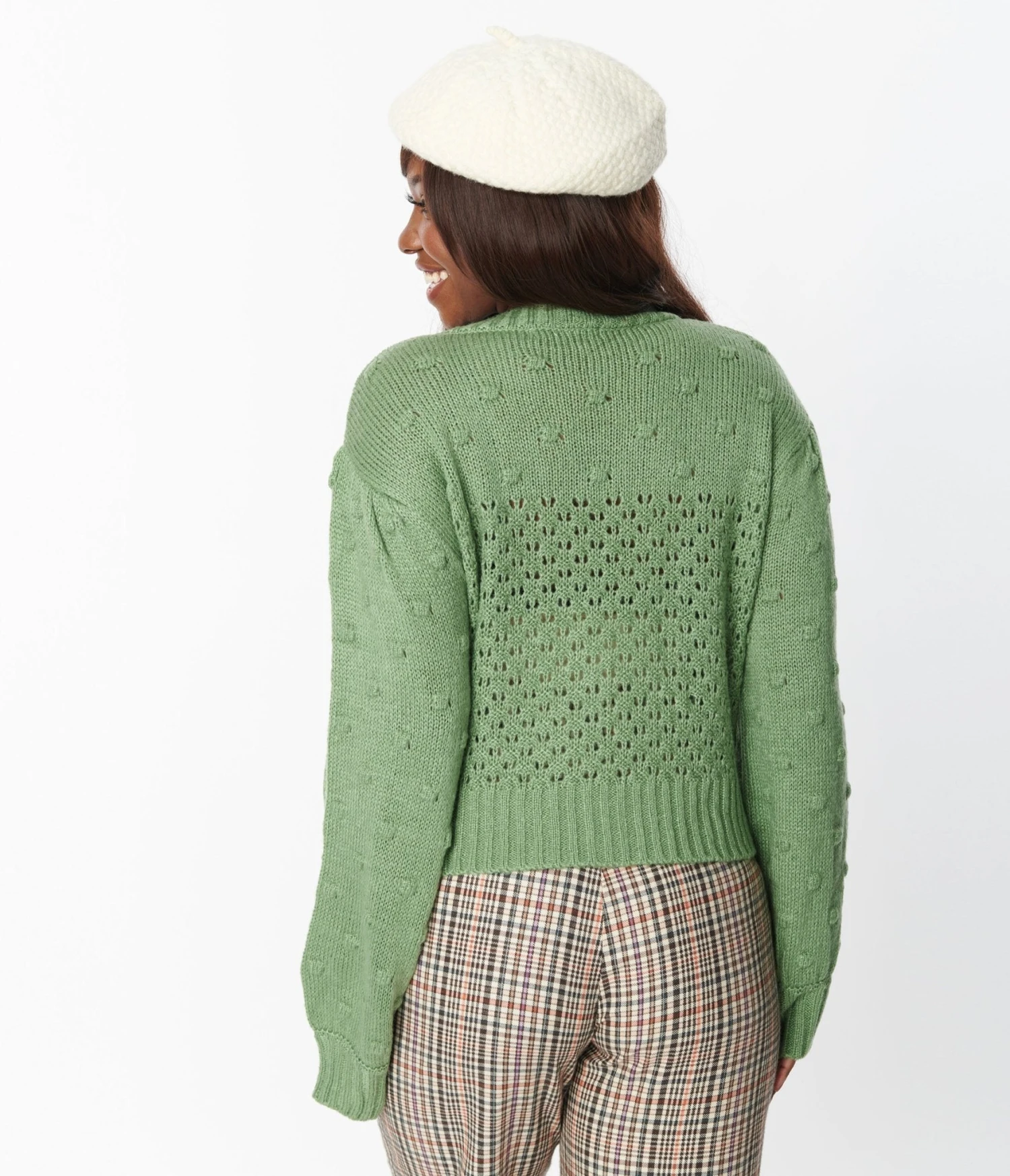 Green Eyelet Pom Pom Puff Sleeve Cardigan - Image 3