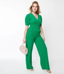 Green Go Getter Wide Leg Surplice Jumpsuit