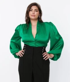 Green Satin Balloon Sleeve Blouse