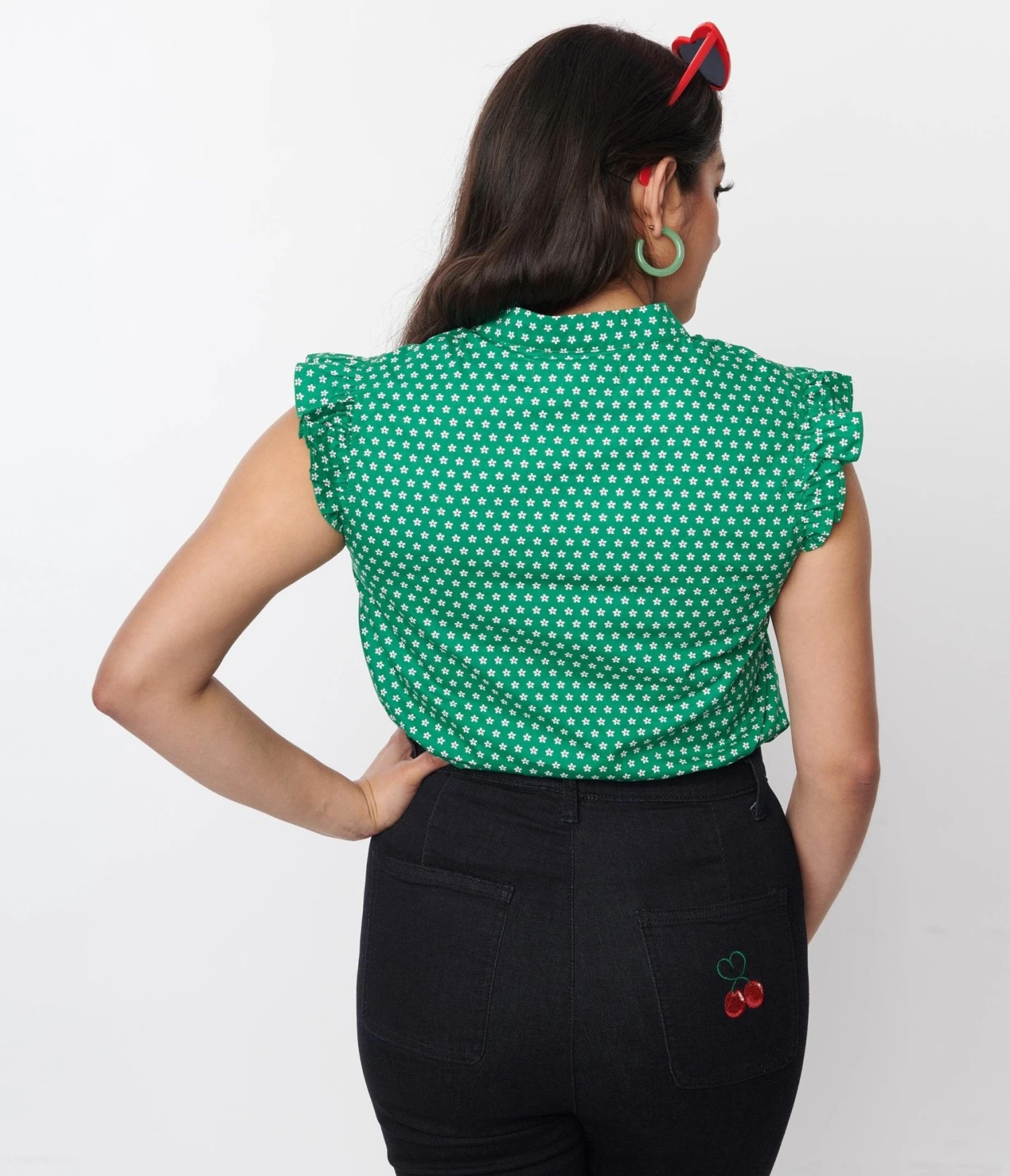 Green & White Floral Ruffle Sleeve Blouse - Image 3