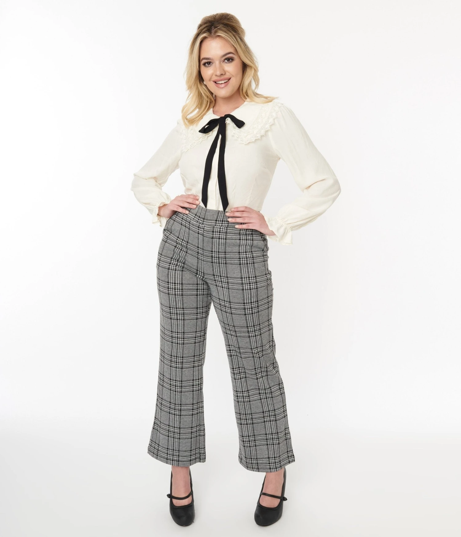Grey & Black Plaid Stretch Woven Pants