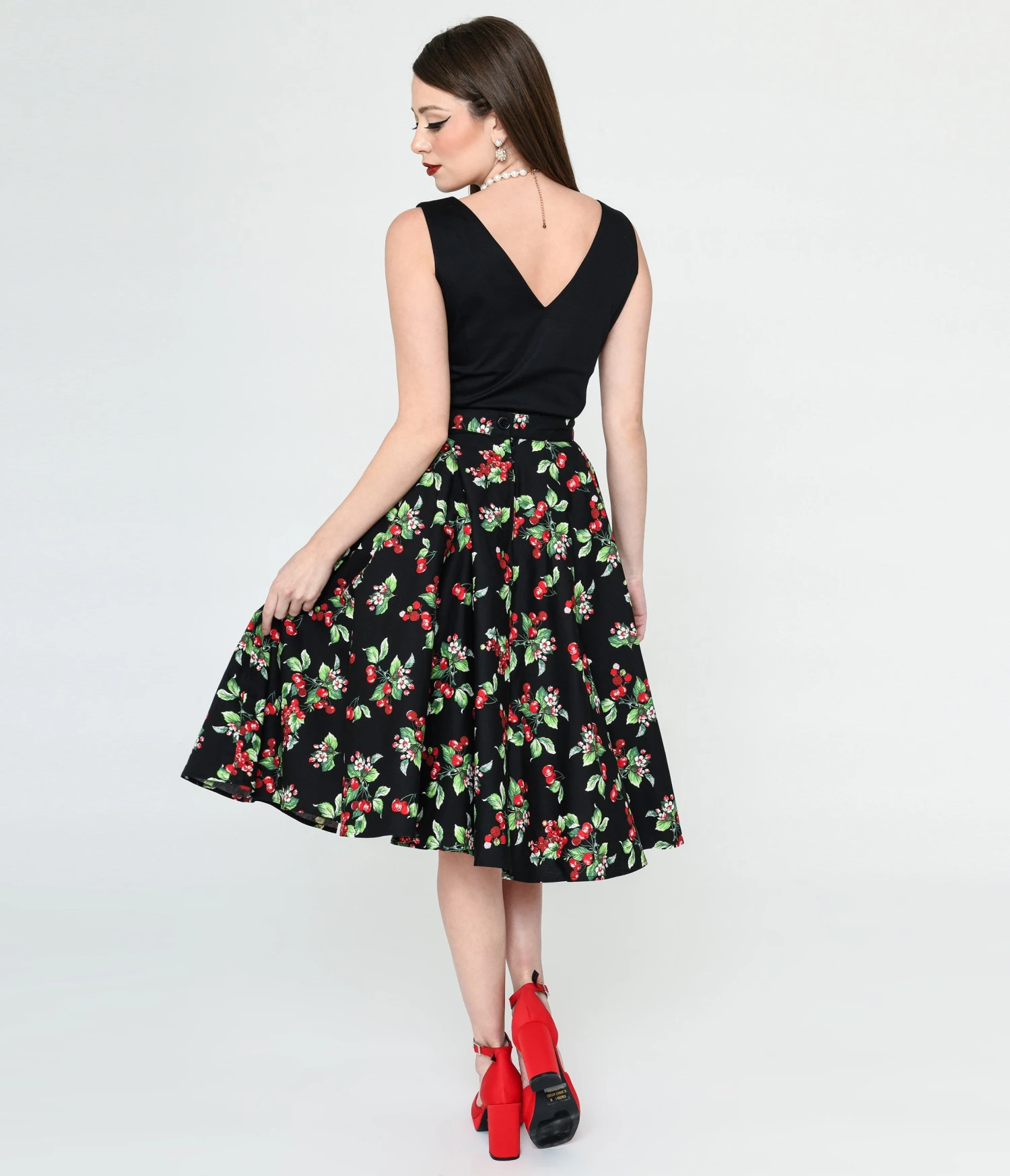 Hell Bunny Black & Cherry Print Swing Skirt - Image 3