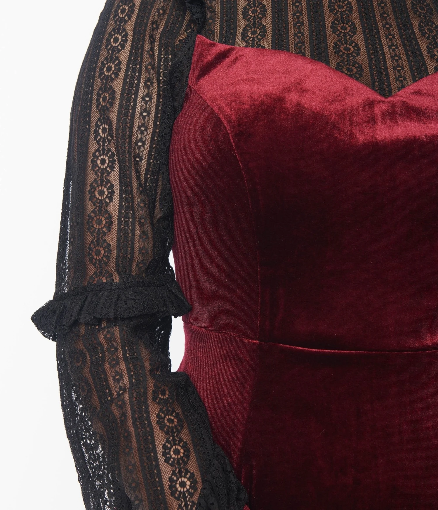 Hell Bunny Burgundy Velvet & Black Lace Swing Dress - Image 2