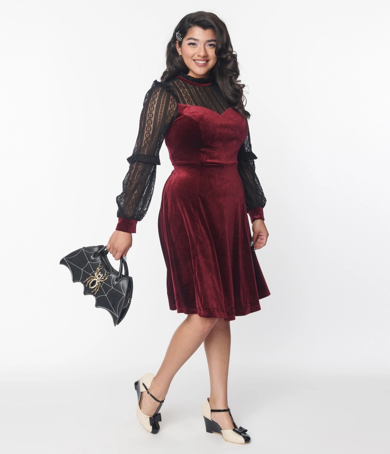 Hell Bunny Burgundy Velvet & Black Lace Swing Dress