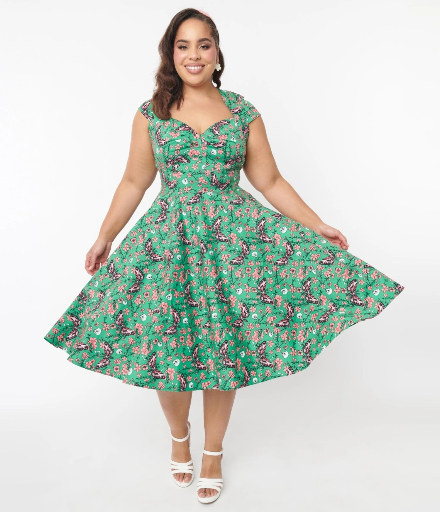 Hell Bunny Green Skeleton & Moths Floral Madilynn Midi Dress - Image 5
