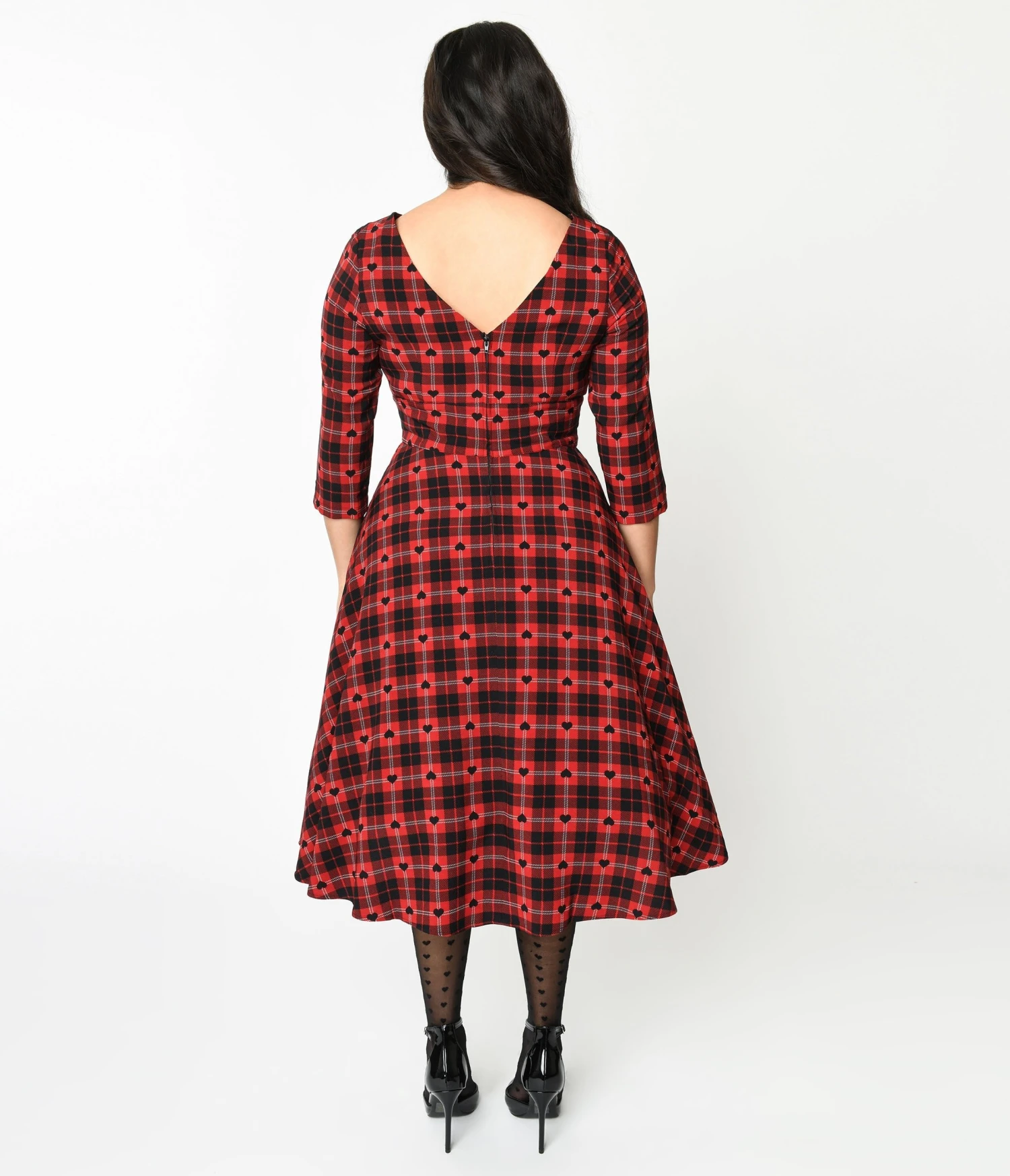 Hell Bunny Red & Black Heart Plaid Date Night Swing Dress - Image 3