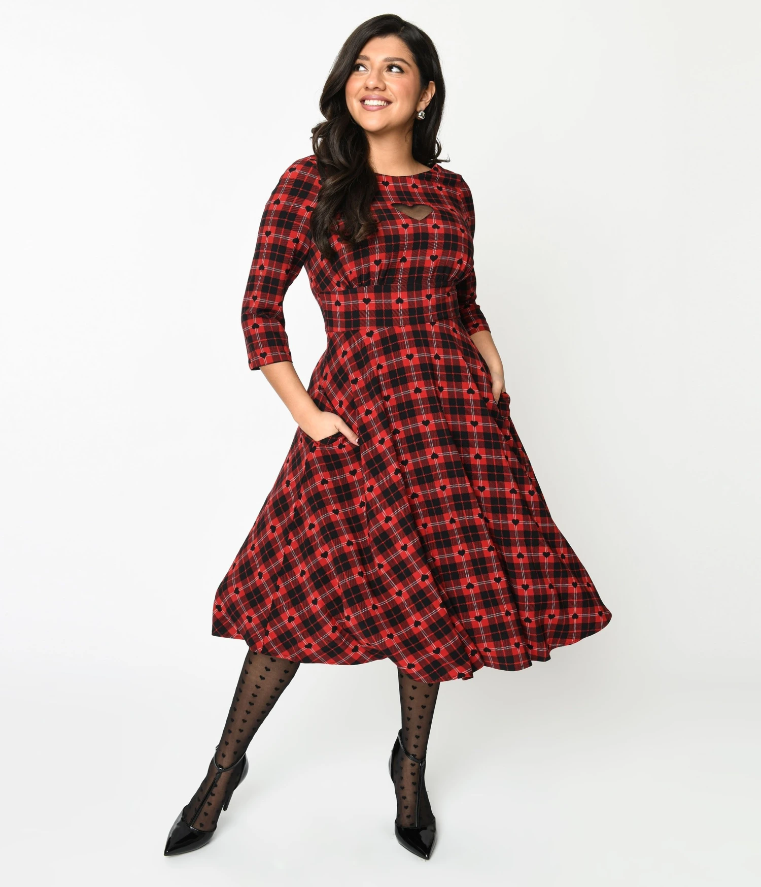 Hell Bunny Red & Black Heart Plaid Date Night Swing Dress - Image 2