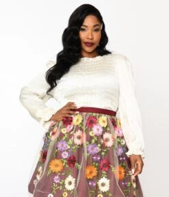 Ivory Satin Smocked Ruffle Trim Blouse