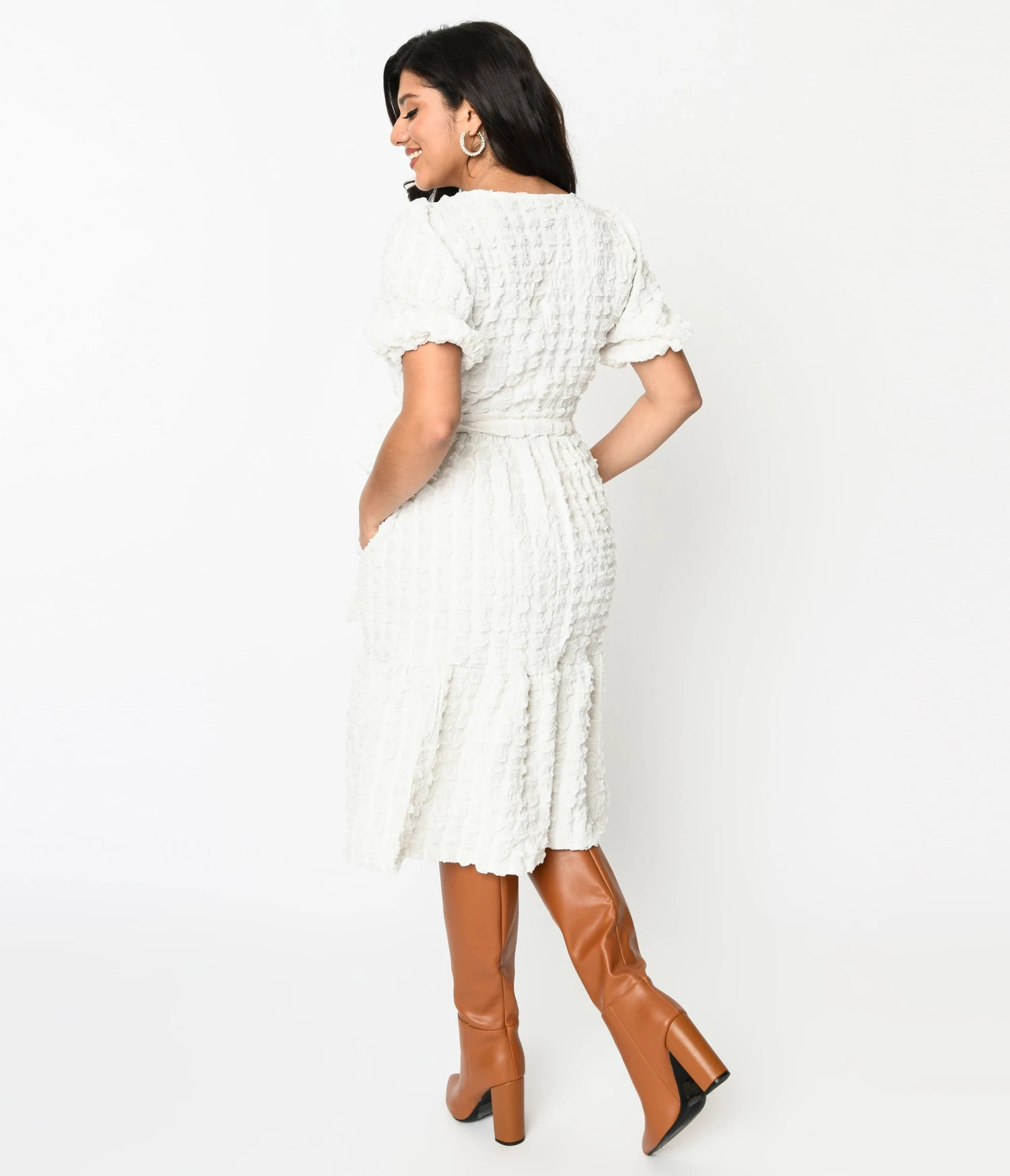 Ivory Textured Smock Fit & Flare Dress - Image 3