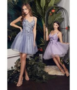 Cinderella Divine Lavender Rhinestone 3D Floral & Tulle Flare Homecoming Dress