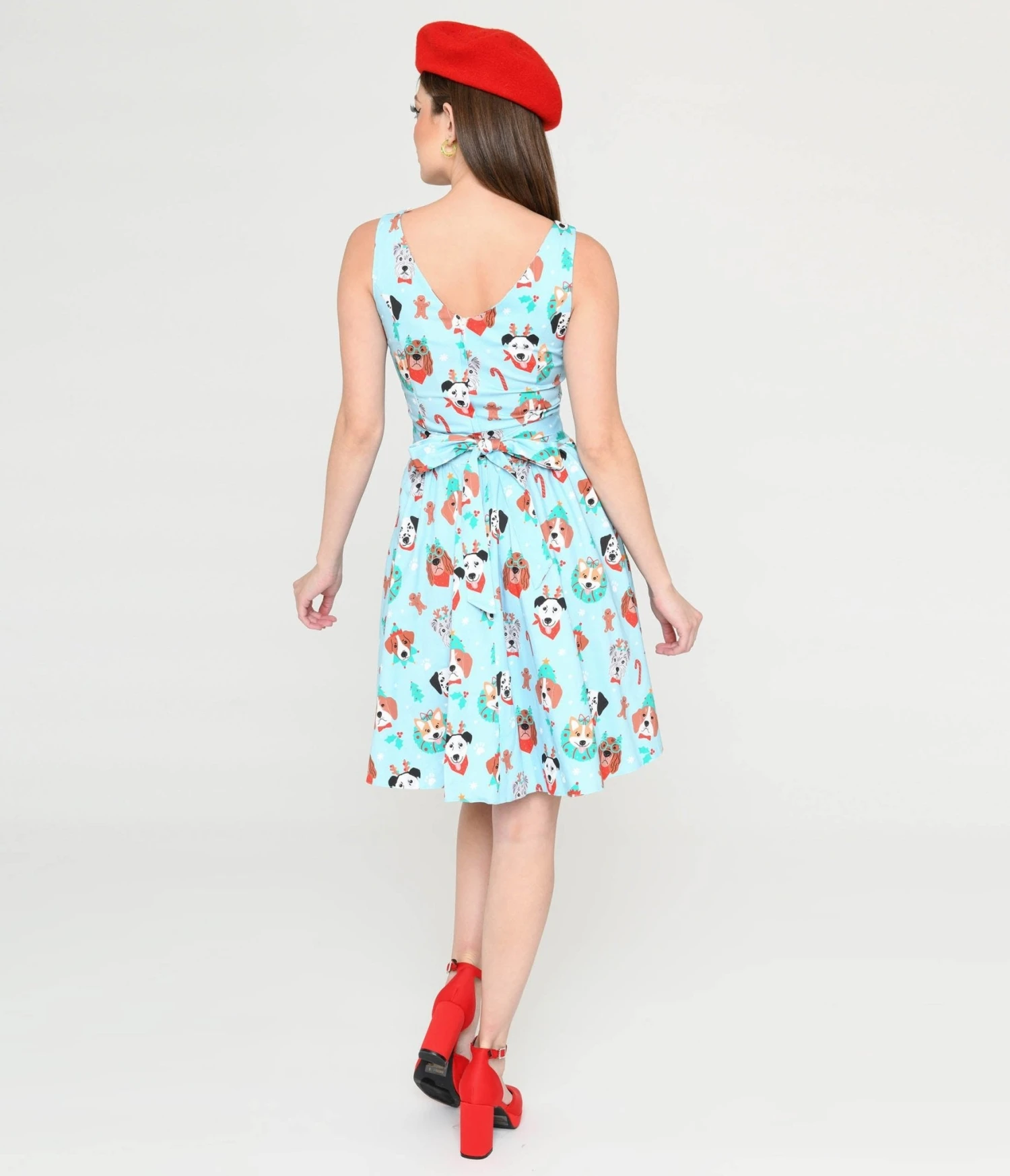 Light Blue & Christmas Puppy Print Flare Dress - Image 3