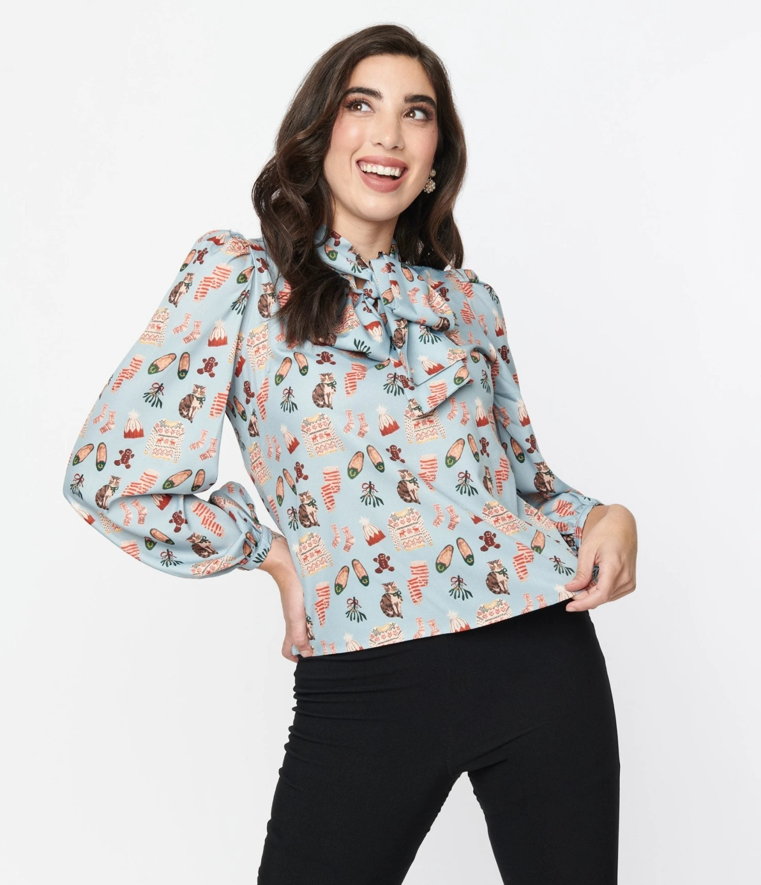 Light Blue Holiday Party Print Satin Bow Blouse - Image 2