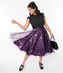 Magnolia Place Black & Purple Spiderweb Sally Swing Skirt