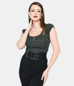Magnolia Place Green & Pink Tartan Plaid May Top