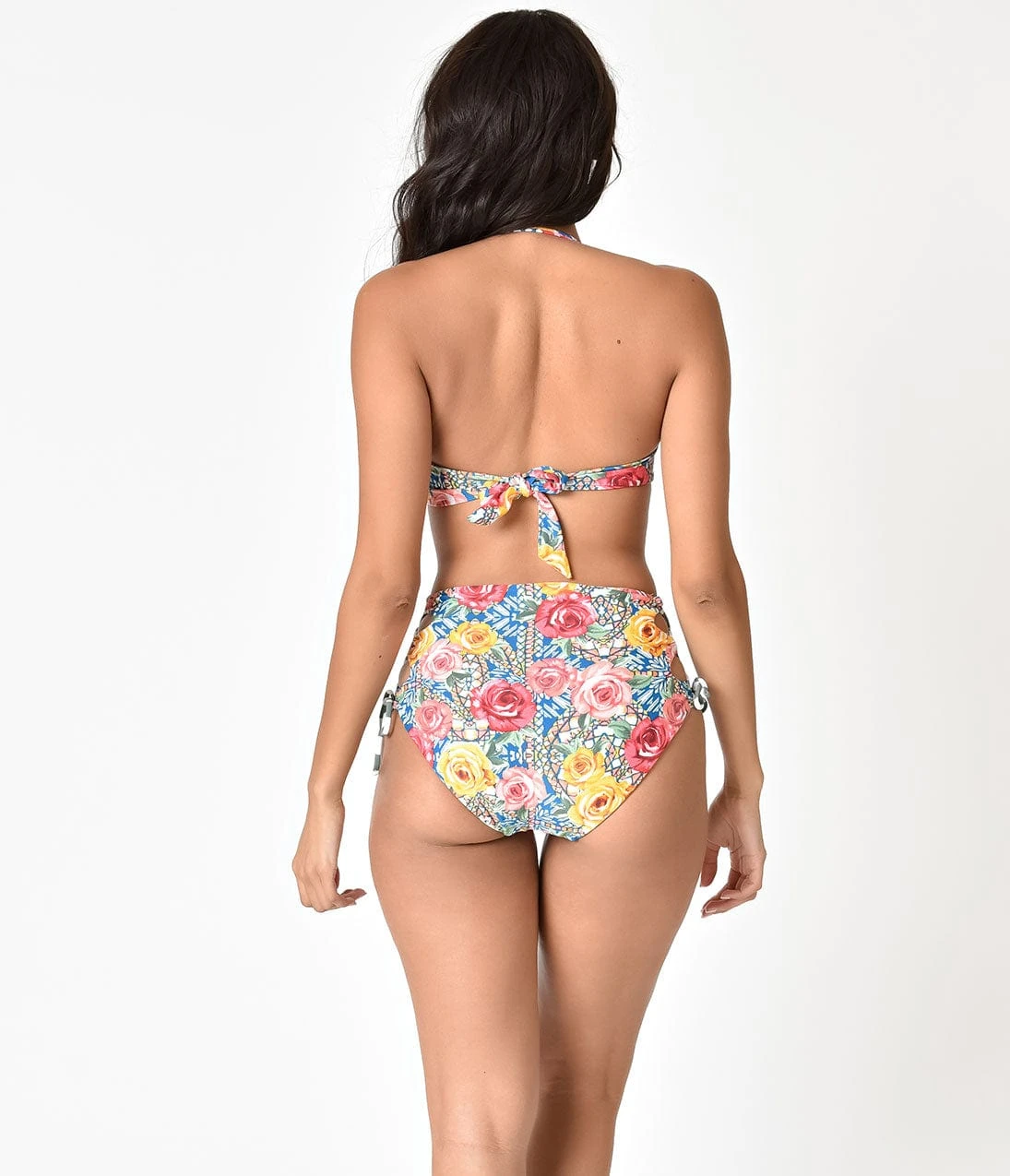 Multicolor Roses Mosaic & Green Stripe Reversible Swim Bottoms - Image 3