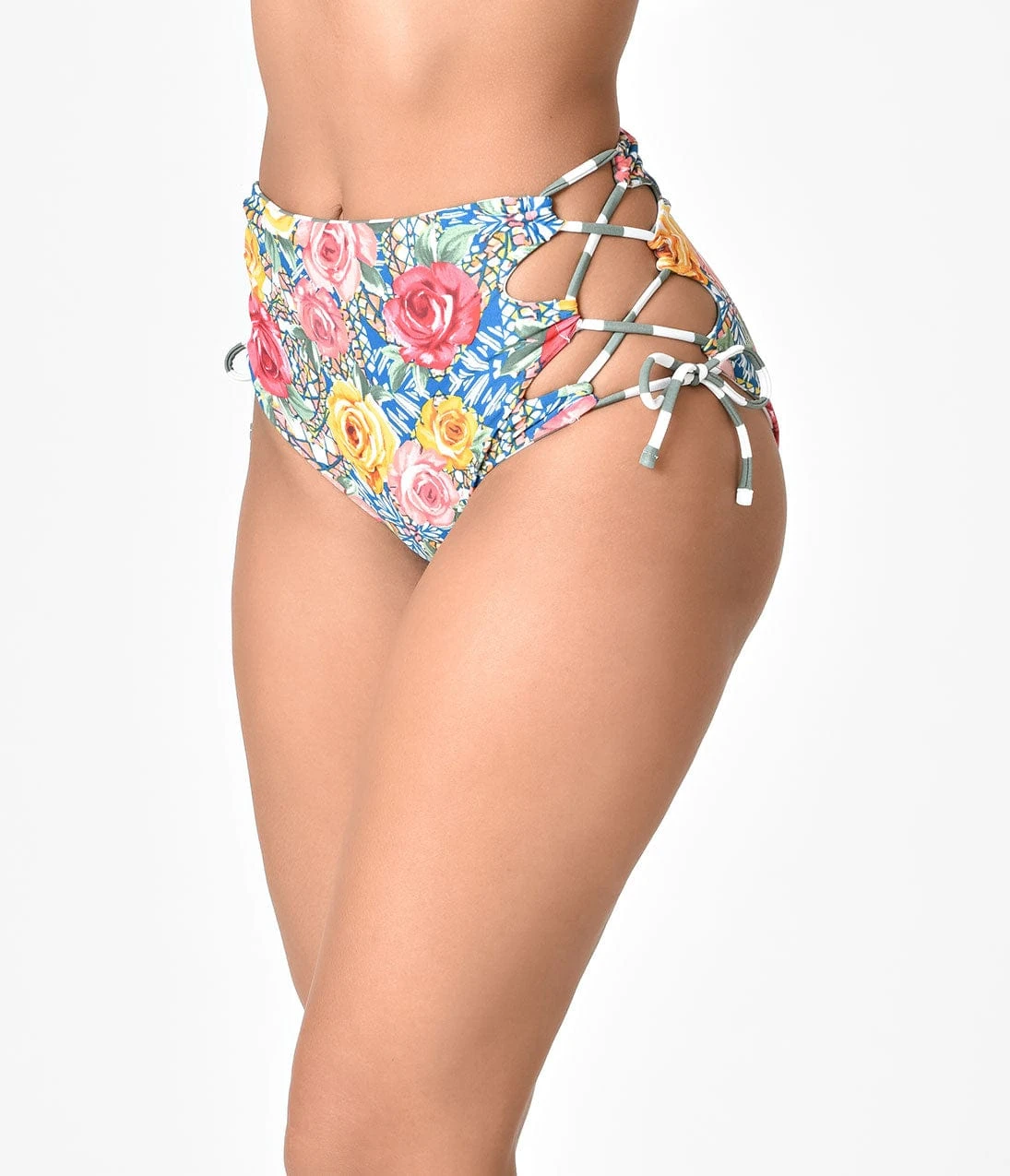 Multicolor Roses Mosaic & Green Stripe Reversible Swim Bottoms - Image 2