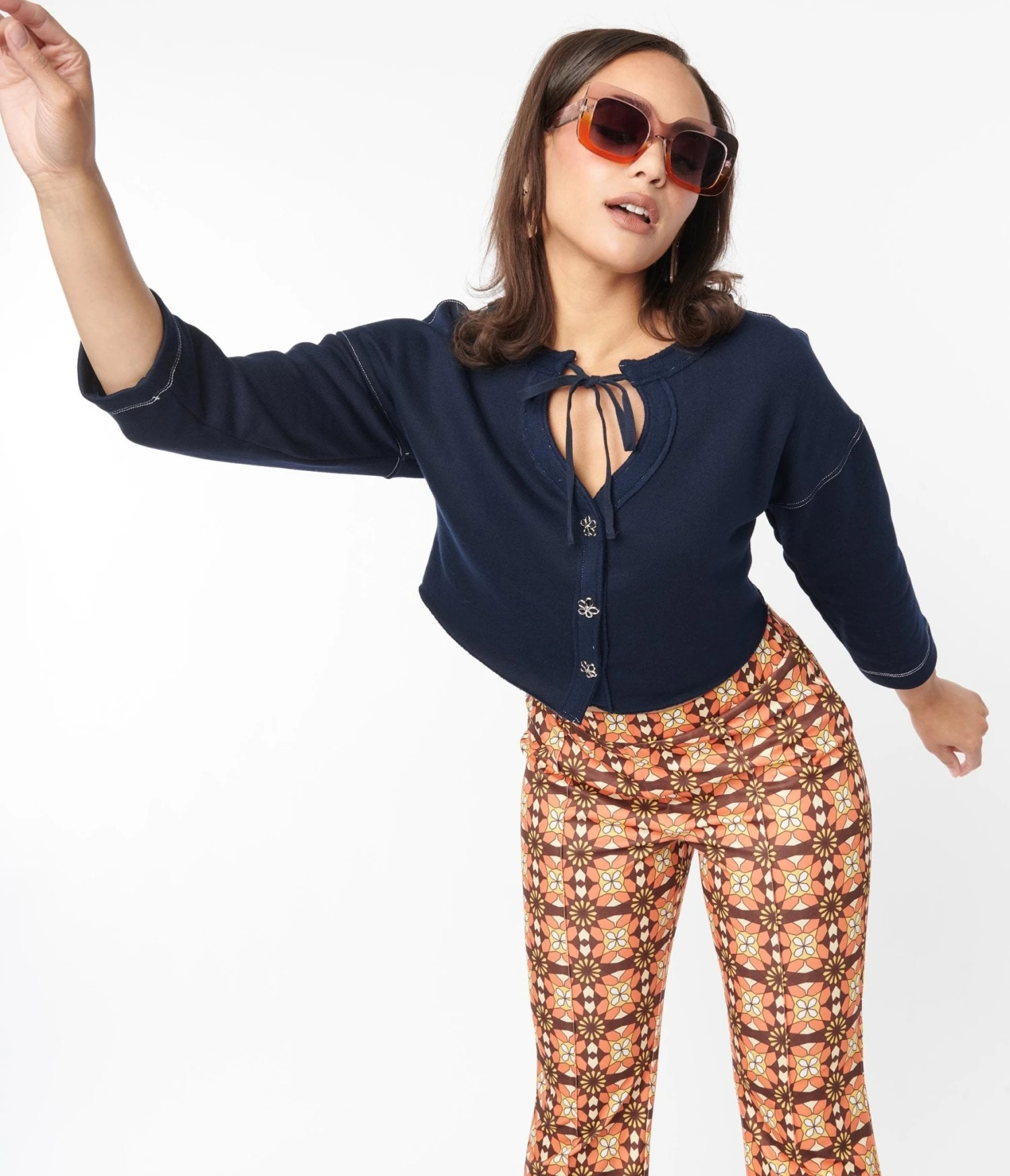 Navy Floral Button Cropped Petunia Cardigan - Image 5