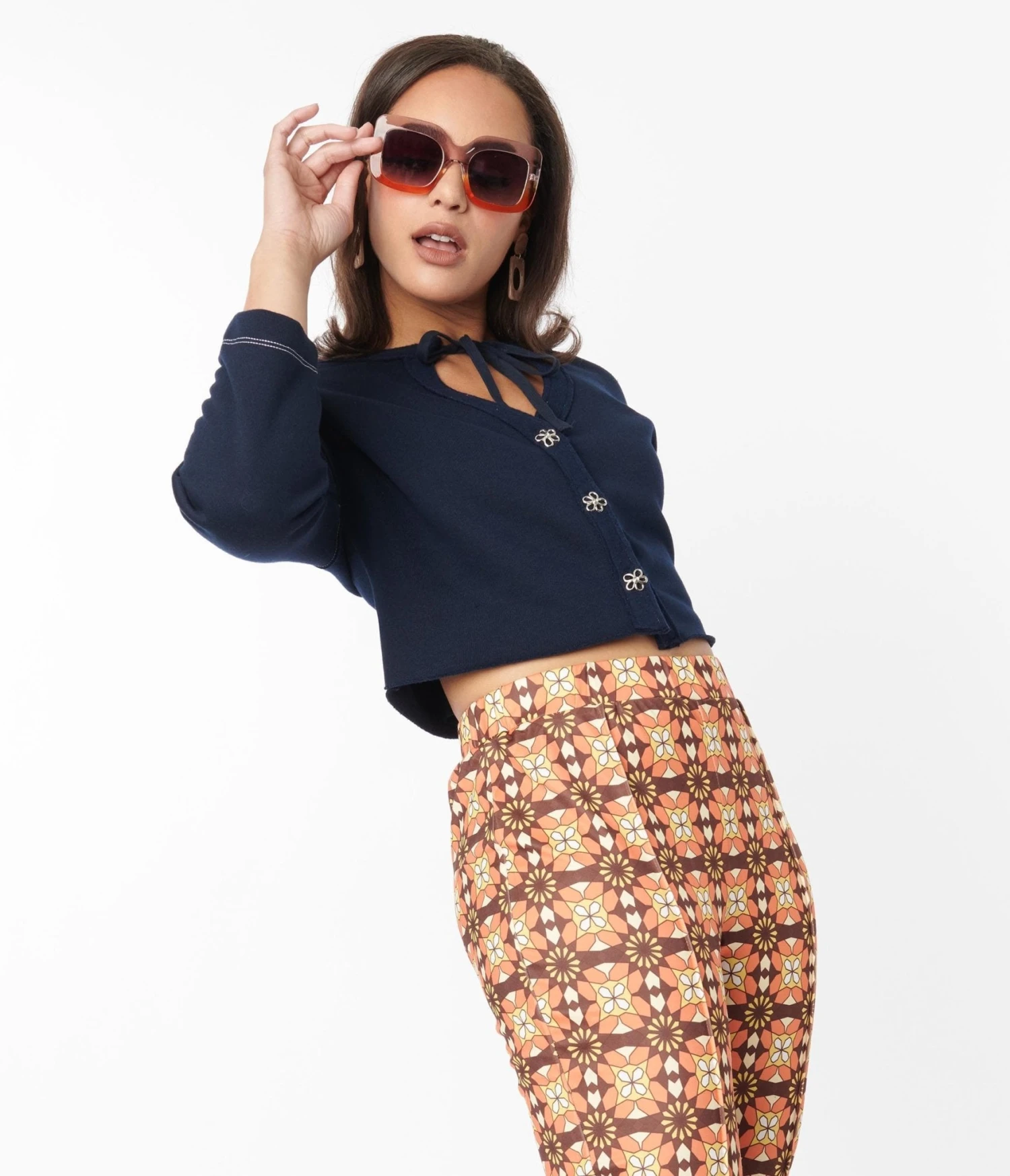 Navy Floral Button Cropped Petunia Cardigan - Image 4