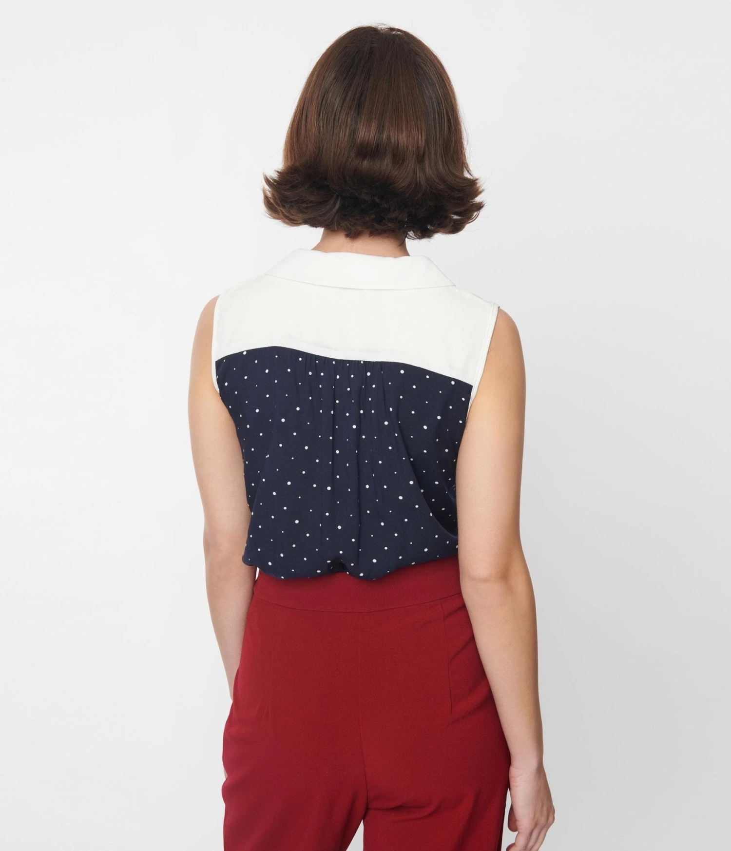Navy & Ivory Pin Dot Bow Top - Image 2