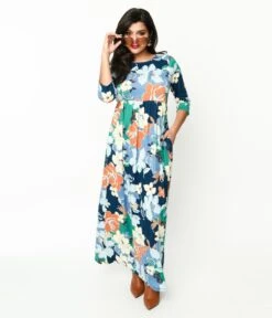 Navy & Multicolor Floral Knit Maxi Dress