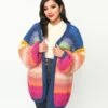 Navy & Multicolor Striped Crochet Knit Open Cardigan