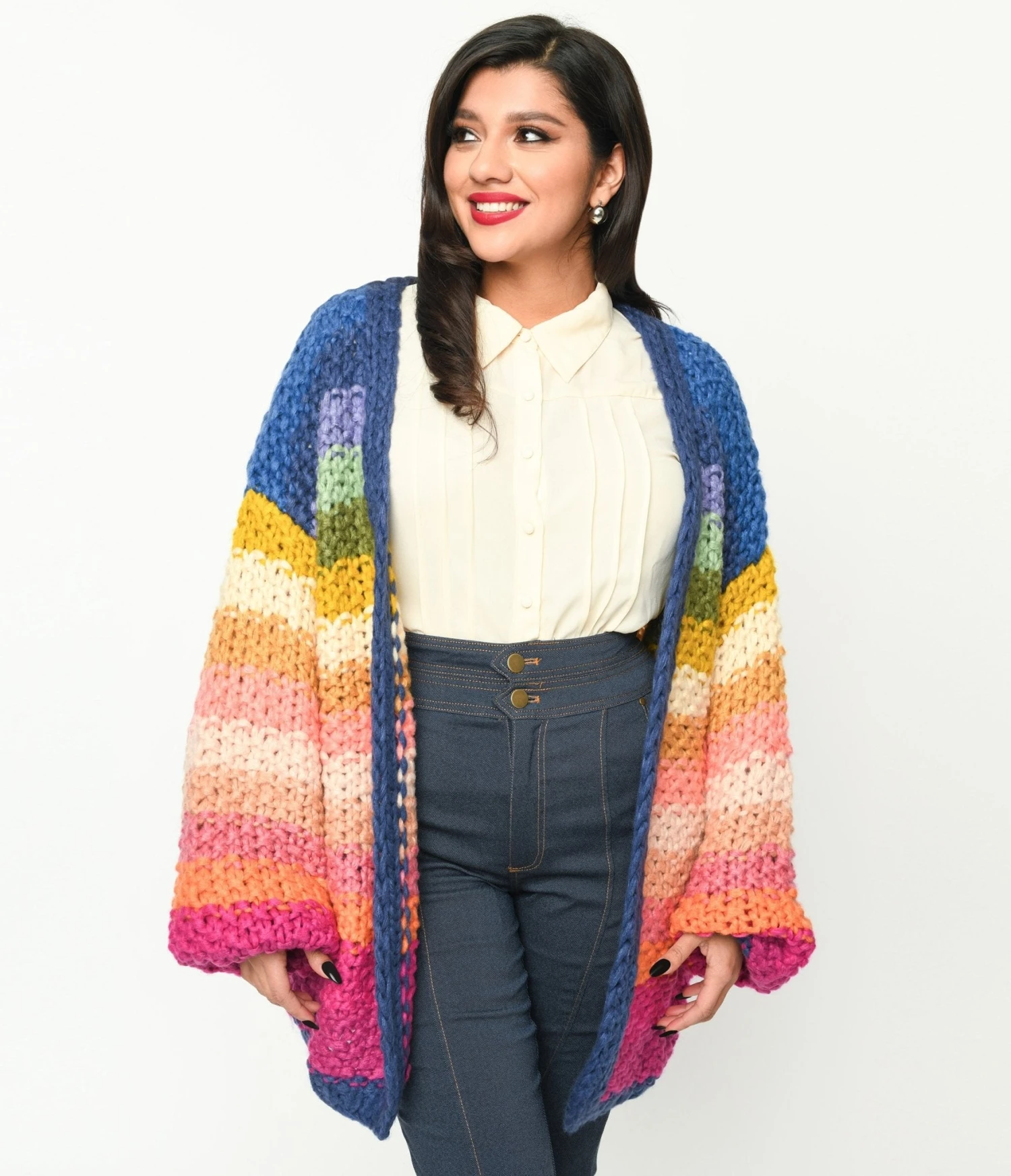 Navy & Multicolor Striped Crochet Knit Open Cardigan - Image 2