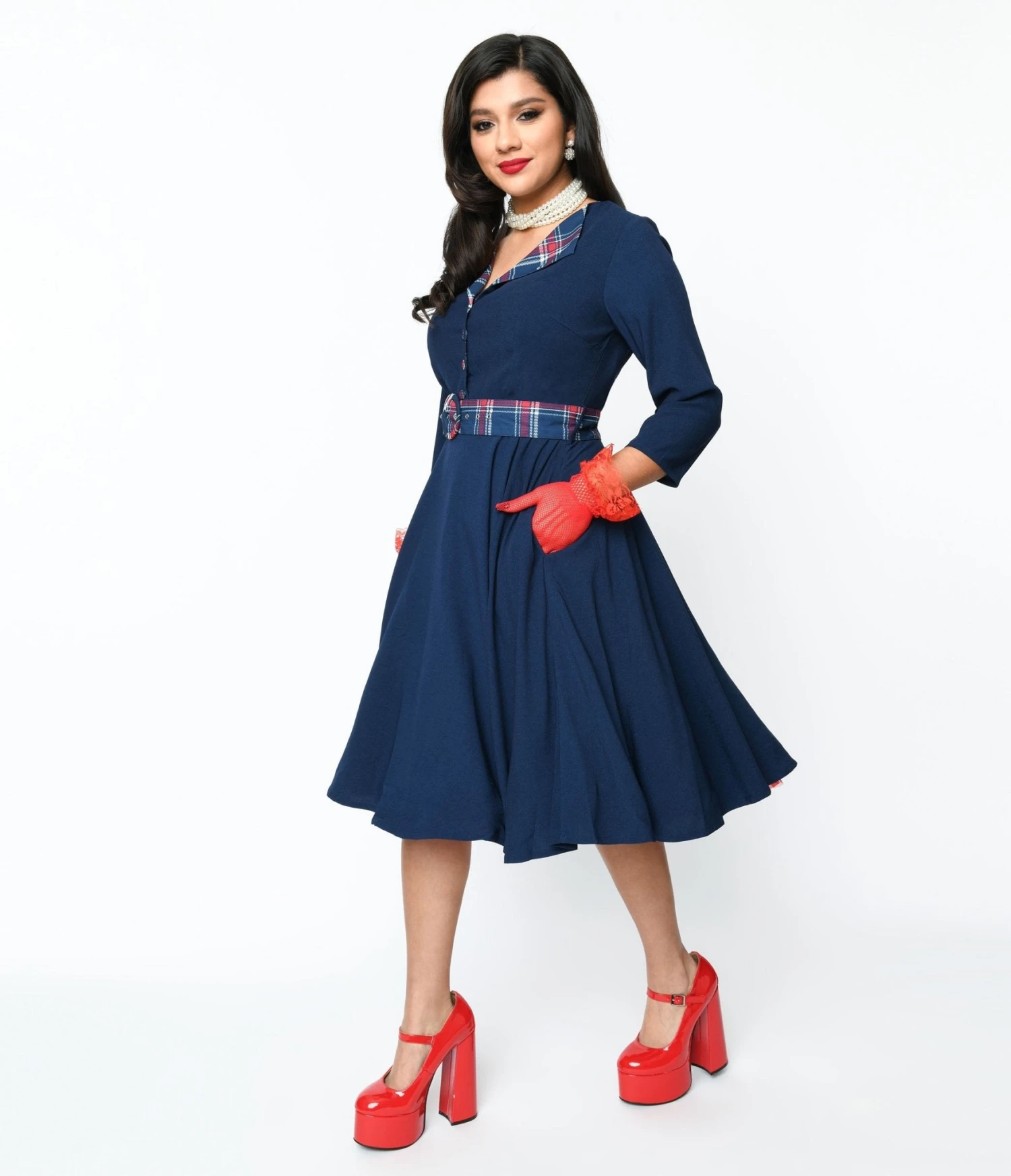 Navy & Plaid Contrast Lynette Swing Dress - Image 2