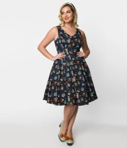 Navy Poisonous Plants Swing Dress