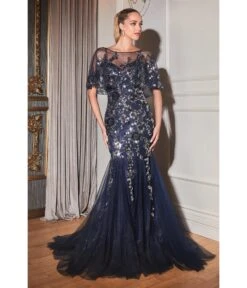 Cinderella Divine Navy & Silver Rhinestone Floral Trumpet Bridesmaid Gown