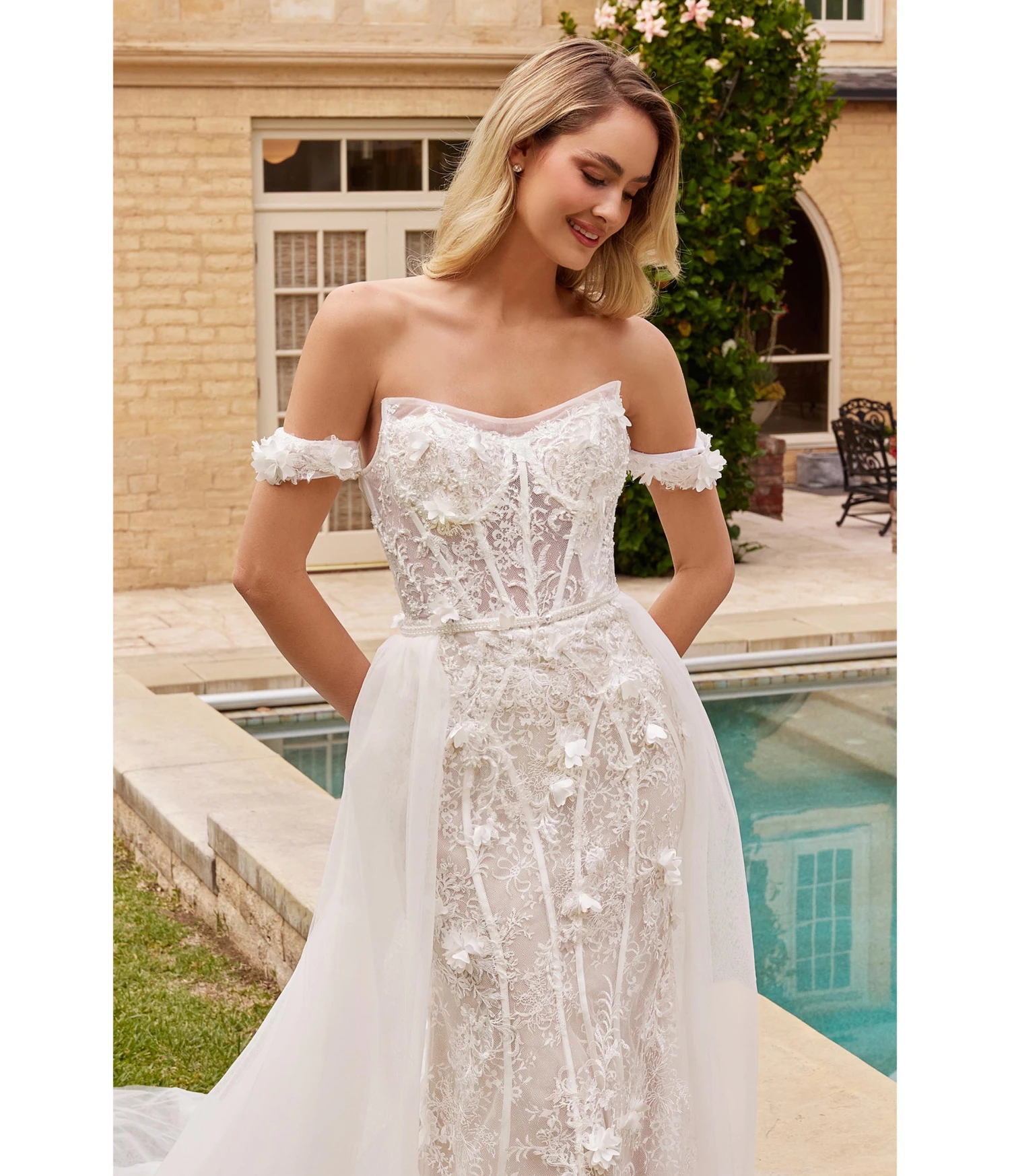 Cinderella Divine Off White Floral Lace Bridal Trumpet Gown With Removable Overskirt - Image 5
