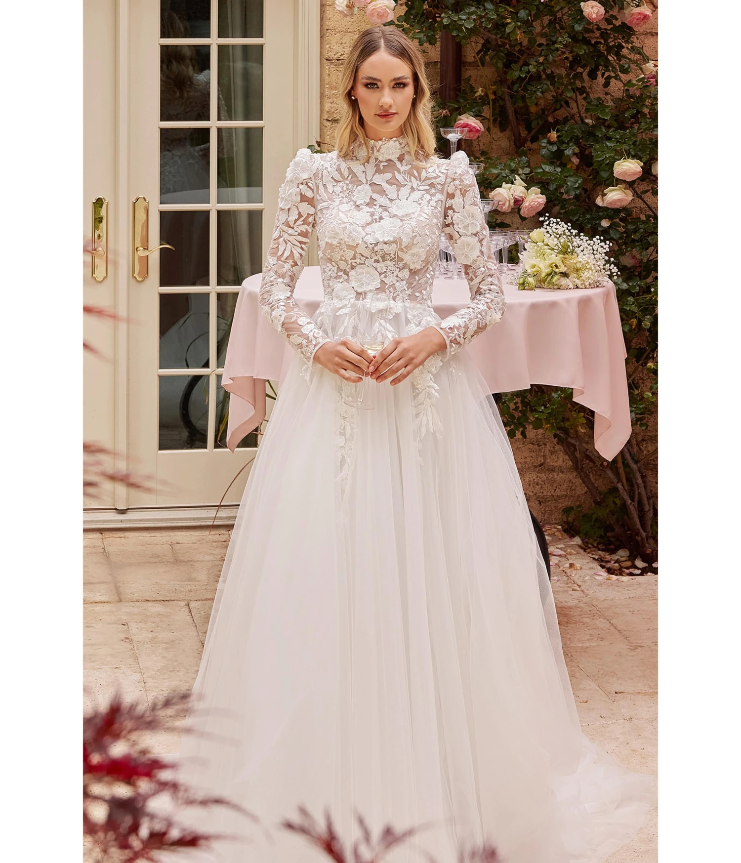 Cinderella Divine Off White Floral Long Sleeve Wedding Ball Gown