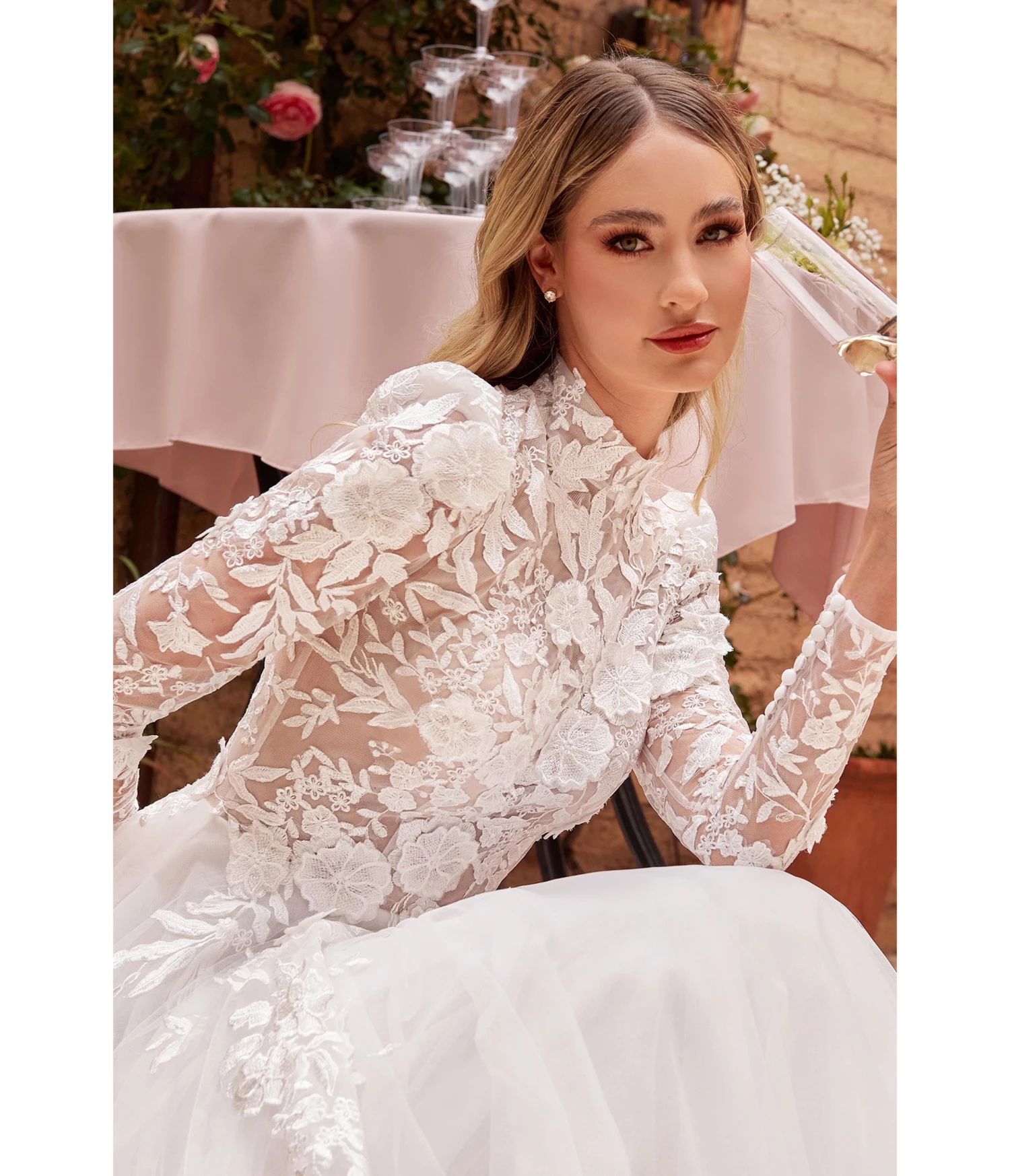 Cinderella Divine Off White Floral Long Sleeve Wedding Ball Gown - Image 3