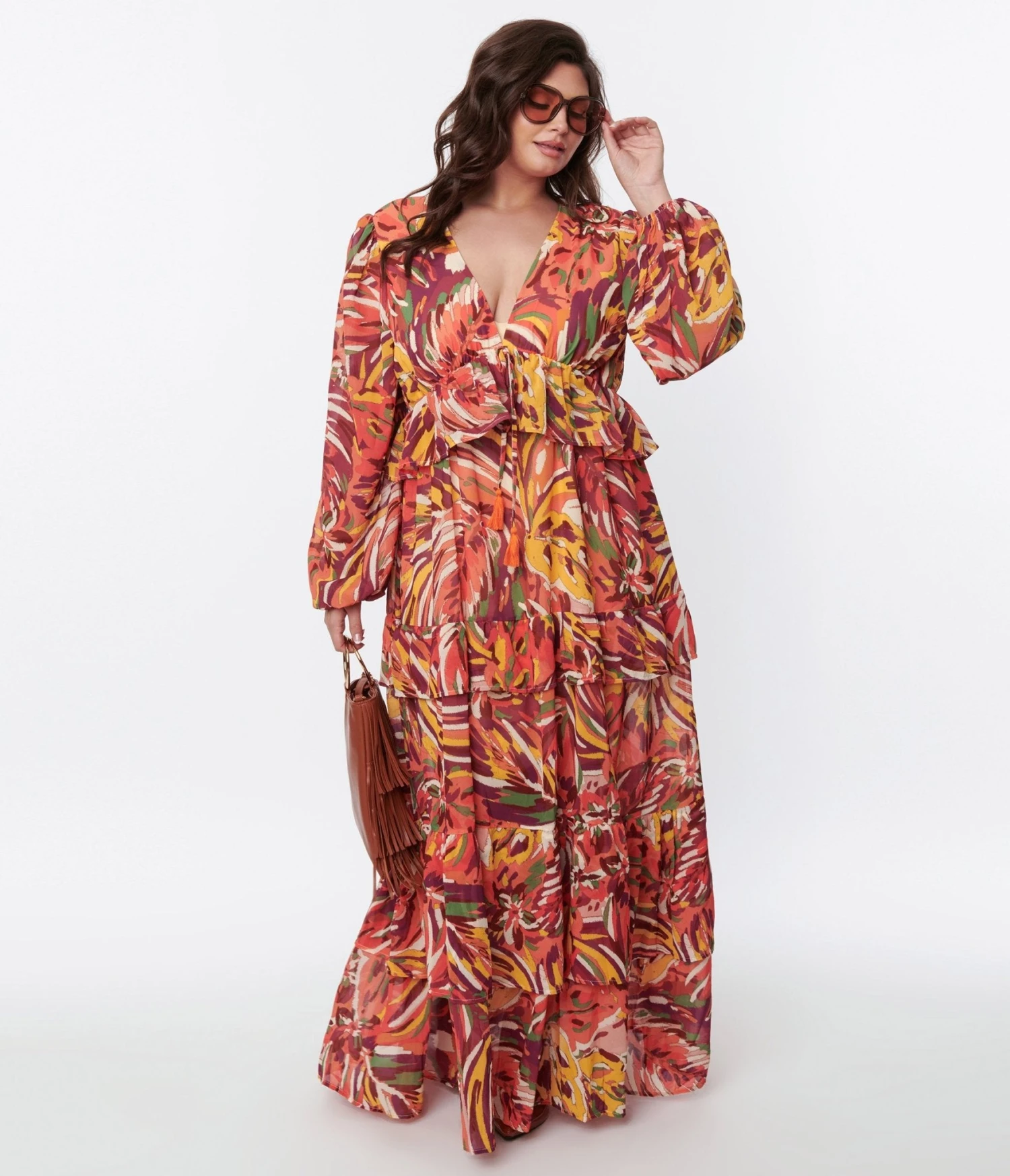 Orange & Multicolor Leaf Maxi Dress