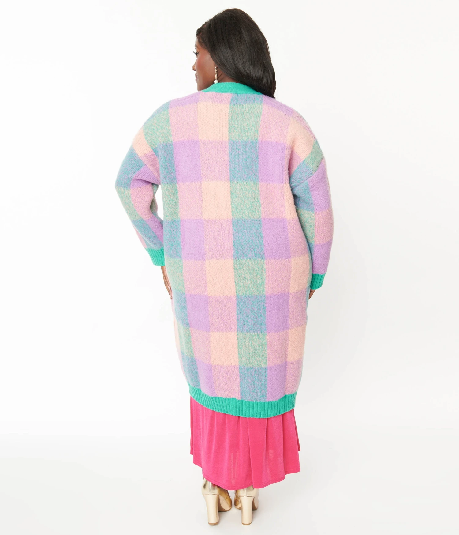 Pastel Plaid Long Knit Cardigan - Image 3