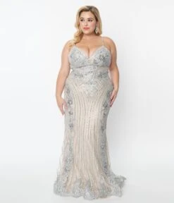 Plus Size 1930s Style Nude & Silver Deco Bridal Gown