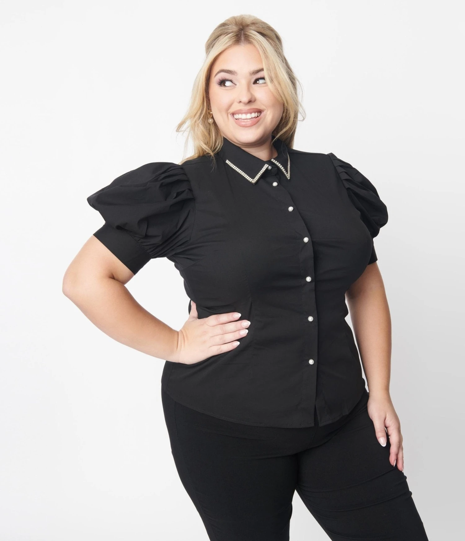 Plus Size Black Rhinestone Collar Button Down Top - Image 3