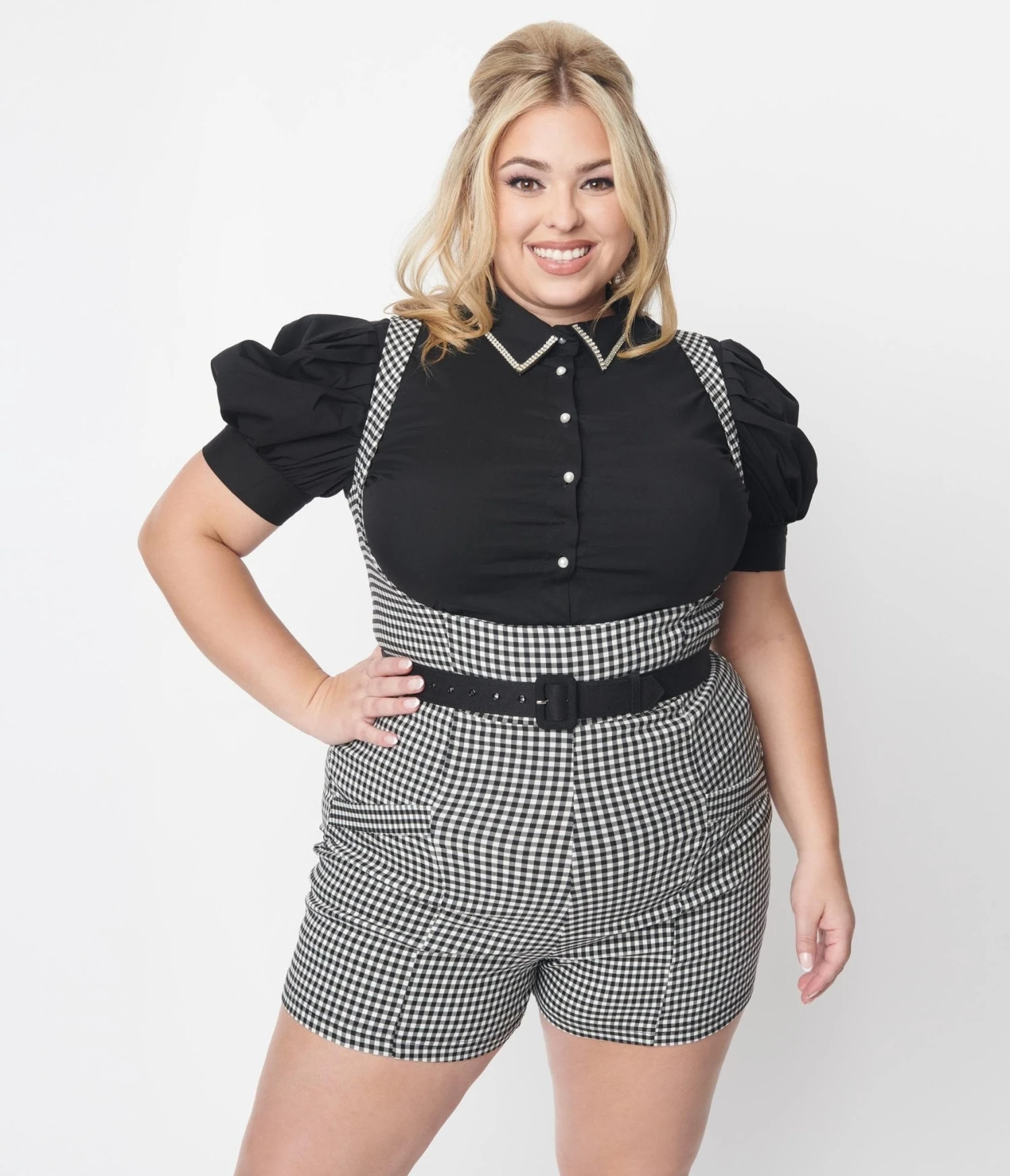 Plus Size Black Rhinestone Collar Button Down Top