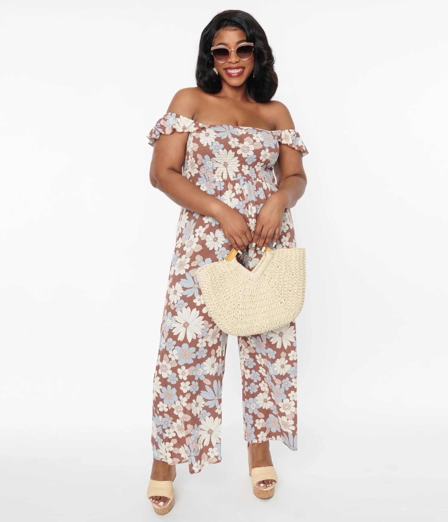 Plus Size Brown & Muted Florals Off The Shoulder Jumpsuit - Image 5