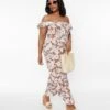 Plus Size Brown & Muted Florals Off The Shoulder Jumpsuit